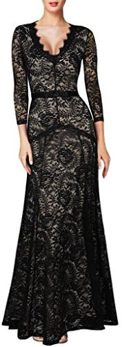 Lokebi Women's Black Floral Lace 2/3 Sleeves Long Bridesmaid Maxi Dress (Asian XL, Black)