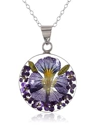 Sterling Silver Dark Blue Pressed Flower Round Pendant Necklace, 16"