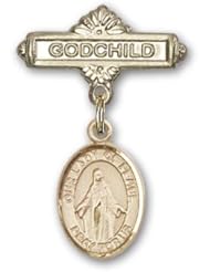 14K Gold Baby Badge with Our Lady of Peace Charm and Godchild Badge Pin
