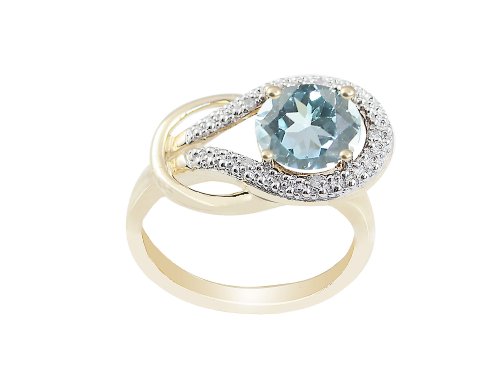 10k Yellow Gold Round Sky Blue Topaz and Diamond Ring (.03 cttw, I Color, I2 Clarity), Size 8