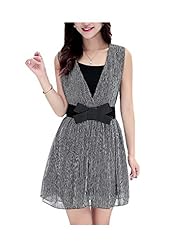 V-neck Chiffon Sleeveless  Belted Summer Mini Dress  With a Bow(s)
