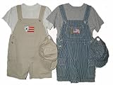 Toddler Boys Sizes 2T/3T/4T Stripe Denim/Khaki Twill Embroidered Pocket Shortall 2-PC Sets with Cap. (Prepack=24 Sets Assorted Sizes/Emb. Designs, Each $7.50)