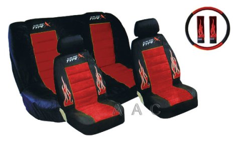 A Set of Low Back Type X Racing Style Front Bucket Seat Covers, Bench Seat Cover, Steering Wheel Cover and Shoulder Strap Cover - Red
