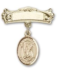 14K Gold Baby Badge with St. Helen Charm and Arched Polished Badge Pin