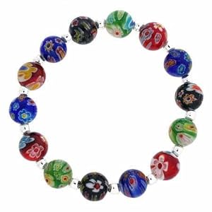 Sterling Silver Venetian Murano Glass Beaded Millefiori Flower Stretch Bracelet