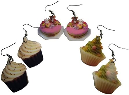 3 Super Cute Pairs of Kawaii Girls Cupcake and Bear Birthday Cake Earrings from Jenna Lyn