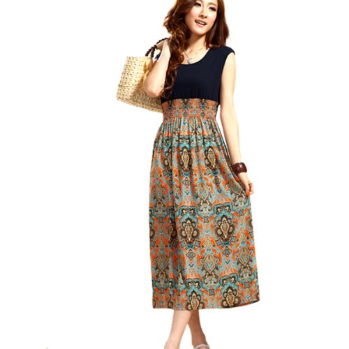Women's Vintage Sleeveless Bohemian High Waist Skirt Long Dress