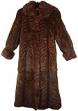 2060 Women Plus Sz 16W or Reg. 20 Brown Color New Real Long Hair Spanish Rabbit Tiger Printed Classic Full Ankle Length Over Coat Roll Up Cuff Hook Clasp Front Closure Polyester Lining Inside Pocket Slash Outside Pocket