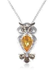 XPY Sterling Silver Citrine and Smokey Topaz Owl Pendant Necklace, 18"