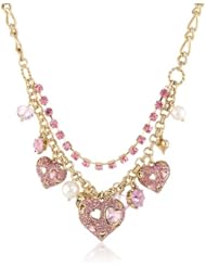 Betsey Johnson "Iconic Pinkalicious" Crystal Heart Multi-Charm Necklace, 19"