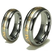 Tungsten Carbide His (8mm) and Hers (6mm) 18k Gold Roman Numeral Wedding Ring Band Set; (14)
