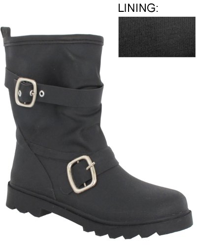 Capelli New York Matte Solid With Ruched Shaft And Double Buckle Straps Ladies Rainboots