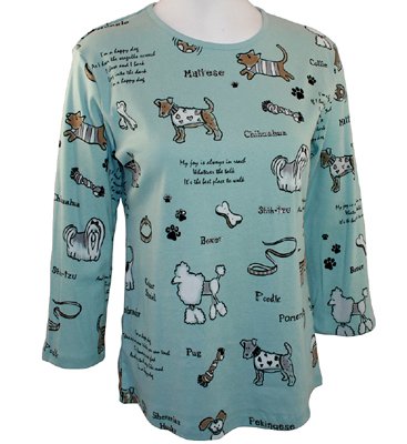 Jess & Jane "Dog Town" 3/4 Sleeve, Scoop Neck Collar, Rhinestone Studded Fashion Top, 100% Cotton - Aqua