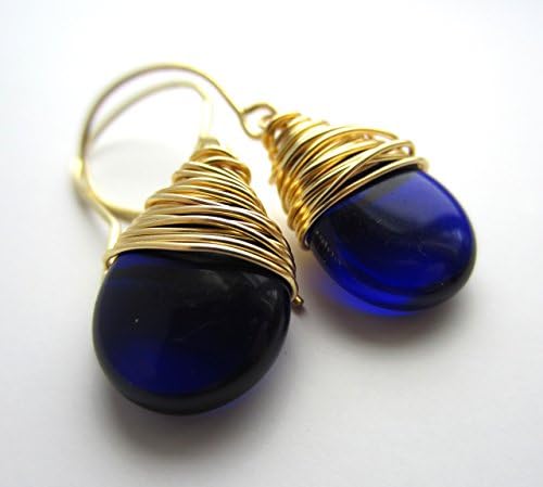 Deep Blue Wire Wrapped Earrings Blue Czech Glass Drops Gold Tone Wire