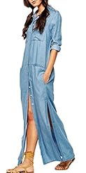 Denim/Spandex Lace Slit Long Sleeves Shift Maxi Dress 