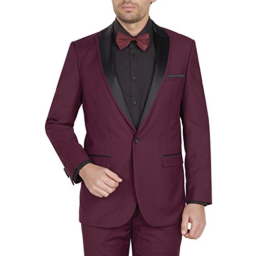Bryan Michaels Mens 2 piece Slim Fit with Shawl/Peak Lapel 44R Burgundy/Black Satin