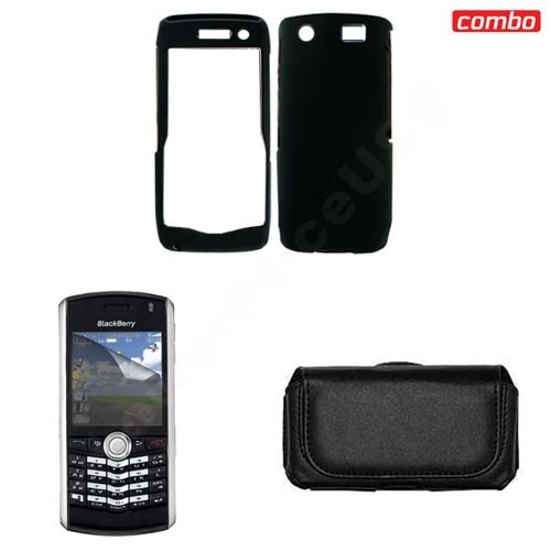 Blackberry pearl 9100 Combo Rubber Feel Black Protective Case Faceplate Cover + LCD Screen Protector + Black Horizontal Leather Pouch for Blackberry pearl 9100