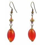 Earrings - E321 - Murano Style Glass and Antique Gold Tone Beads - Oval ~ Red