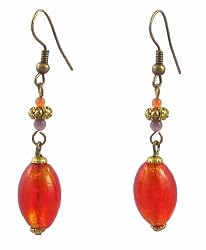 Earrings - E321 - Murano Style Glass and Antique Gold Tone Beads - Oval ~ Red