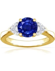 18K Yellow Gold Round Cut Blue Sapphire Three Stone Ring