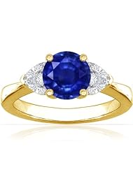 14K Yellow Gold Round Cut Blue Sapphire Three Stone Ring