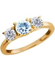 1.24 Ct Round Sky Blue Topaz G/H Diamond 18K Yellow Gold Ring