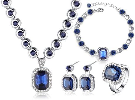 "River Rhine" ChongErfei SWAROVSKI ELEMENTS Crystal Strand Necklace Bracelet Earrings Rings 4 in 1 Jewelry Set 16" for Valentine's Day Gift (dark blue)