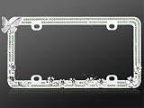 Car Automotive License Plate Frame Chrome Coating Metal with Double Row Green Diamonds Crystals Rhinestones Bling Charming Butterfly with Colorful Floral Flowers Design