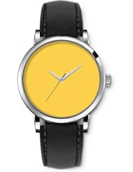 SPRAWL Aanalog Fashion Series Silver Ladies Watches of Genuine Black Leather Strap,Unique Wrist Watch for Women Girls Designed with Yellow diamonds set