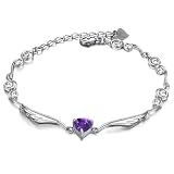Rhodium/White Gold Plated Bracelet with 1.5 Carats Heart Shape Ruby Red Clear Champagne or Amethyst Purple Zirconia Crystal Angel Wings 7" Long with 1" Extender