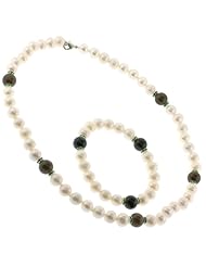 Freshwater Pearl Necklace and Bracelet Set with Smokey Quartz and Light Green CZ Spacers (8.5-9mm) - 18" Necklace, 7" Bracelet