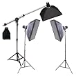 CowboyStudio Photo Studio 480 Watt Three Monolight Strobe Flash Lighting and Boom Kit - 3 Studio Flash/Strobes, 3 Softboxes, 1 Boom Kit w/Sandbag