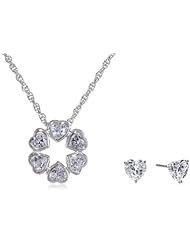 Sterling Silver Cubic Zirconia Heart Wreath Pendant Necklace and Earrings Jewelry Set