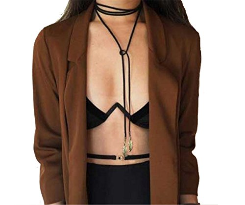 BOKOLI Retro Women Gothic Velvet Choker Necklace Long Chain Leaf Pendant Black