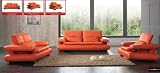 Contemporary Orange Leather Living Room Set - Sofa, Loveseat, Chair