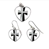 Sterling Silver Cross within a Heart Earrings and Pendant Set