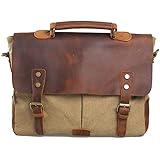 DesertWolf Cotton Canvas Genuine Crazy-horse Leather Cross Body Laptop Messenger Bag - Men Business Vintage Handbag / Briefcase - Fit 14 Inch Laptop