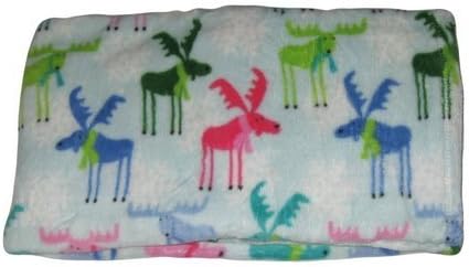 Holiday Moose and Snowflakes Pink Green Blue Plush Throw Blanket