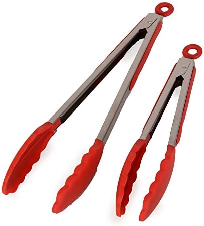 VICTA Kitchen Tongs, 12" and 9" Stainless Steel Food Tongs with Silicone Tips For BBQ, Cooking , Grilling Turner (RED)
