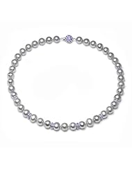 10-11mm Grey Cultured Freshwater Pearl Necklace 18" Length Secured with Elegant 14K White Gold Ball Sapphire Clasp and Roundell.