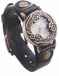 Neewer Womens Fashion Accessories Vintage Carved Engraved Bronzy Rose Leather Wrist Watch Black