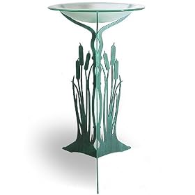 Verdi Green Cattail Birdbath - Steel Pedestal with Frosted Glass Bowl by Modern Artisans