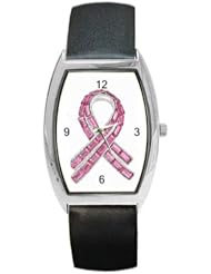 Breast Cancer Pink Ribbon (Rhinestone look) on a Barrel Watch with Leather Band