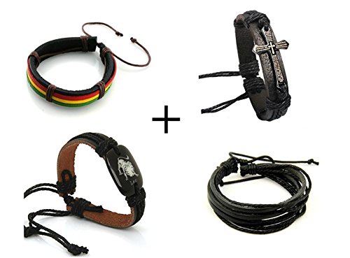 SWS 1Pack (4Pcs) Leather Cuff Bracelet Surfer Wrap Tribal Punk + Multilayer Jesus + Reggae + Constellation 12 Zodiac Sign Logo Charms Fashion Great Gift Adjustable Size Genuine Handmade Hand Wear