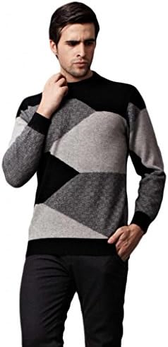 FOUQ Men's Pure Mink Cashmere Colorblock Crew Knit Slim Winter Sweater Jumper Black M