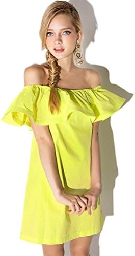 Women's Off The Shoulder Ruffle Shift Dress Beach Cover Up Top Lemon Yellow XS
