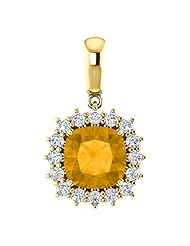 14K Yellow Gold 8.00x8.00mm Antique Cushion Cut Citrine and Diamond Pendant -- LIFETIME WARRANTY