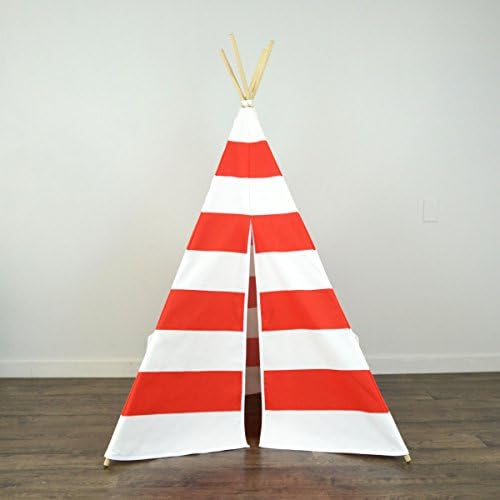 Kids Teepee Tent in Red & White Stripe - Includes Large Stripe Canvas Teepee and Wooden Poles. Great Gift Idea for Boys Birthday, Sleepover Party and Playroom Decor. Perfect Luxury Indoor Play House for Kids. Made in USA. Your Child Will Absolutely LOVE this Teepee - Guaranteed!
