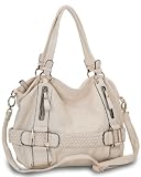 Cream Weave Pattern Belt Accent Top Closure Double Handle Soft Hobo Shoulder Bag Shopping Tote Handbag