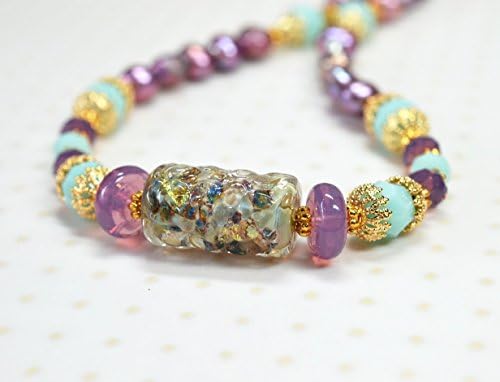 Elegant purple pearl necklace with chunky lampwork glass bead and mint green crystal